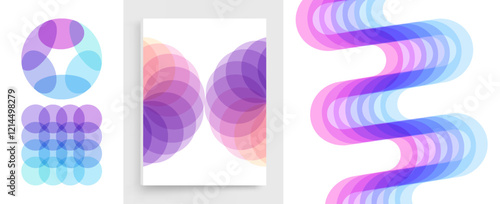 Set of square and round shapes created from overlapping translucent elements. A wavy signal waveform. Abstract geometric design. Vector for brochure, banner, cover, postcard, flyer or presentation.