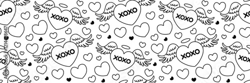 Valentine's Day doodle hearts pattern. Heart with angel wings. Cute flying arrow symbol Cupid. Outline romantic Background. Hugs and kisses abbreviated text. Vector line art illustration.