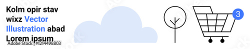 Shopping cart with three items counter, simple tree outline, and cloud. Ideal for e-commerce, online shopping, retail, minimalistic design, user interface, web and mobile apps, environmental themes