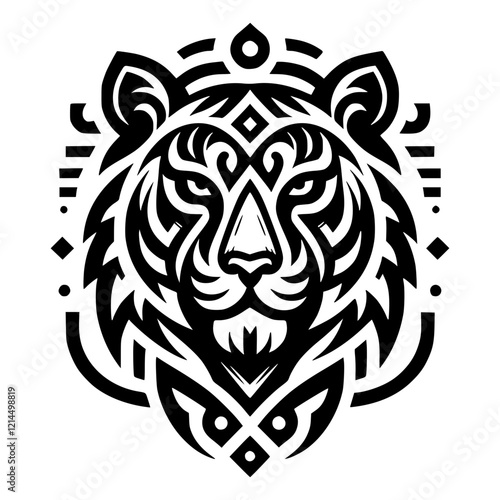 A regal tiger head with tribal elements