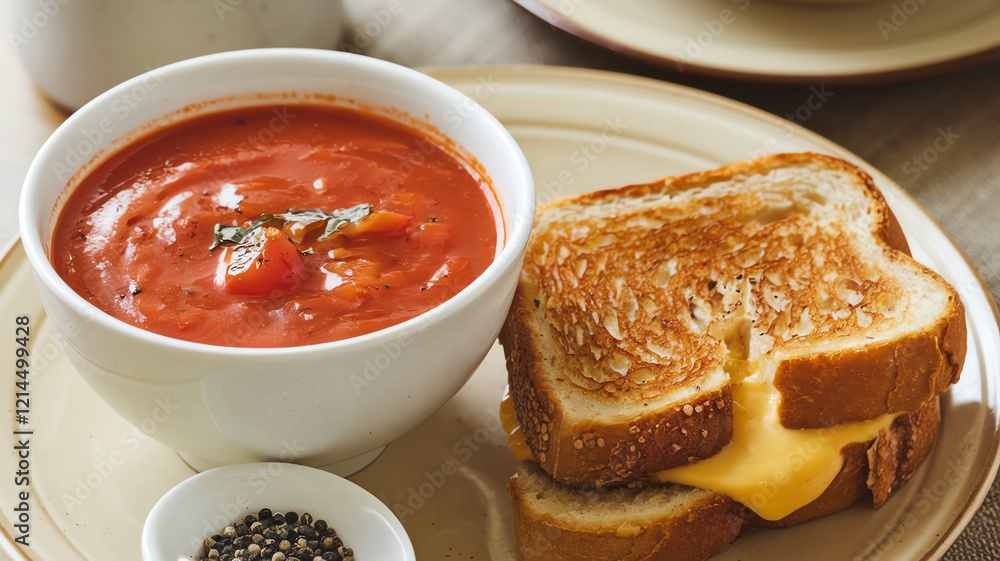 Delicious bowl of tomato soup served with a golden grilled cheese sandwich. Perfect for a cozy meal, this classic comfort food is ideal for lunch or dinner. Delicious bowl of tomato soup served with a golden grilled cheese sandwich. Perfect for a cozy meal, this classic comfort food is ideal for lunch or dinner.