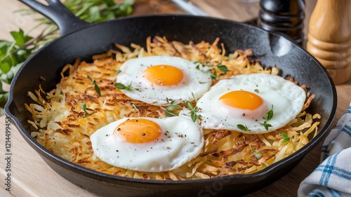 Delicious breakfast featuring crispy golden hash browns topped with perfectly cooked sunny-side-up eggs, garnished with herbs, served in a rustic cast iron skillet. photo