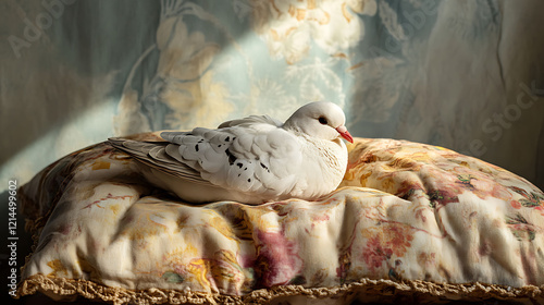 Dove plush resting on a fabric sunbeam pillow photo