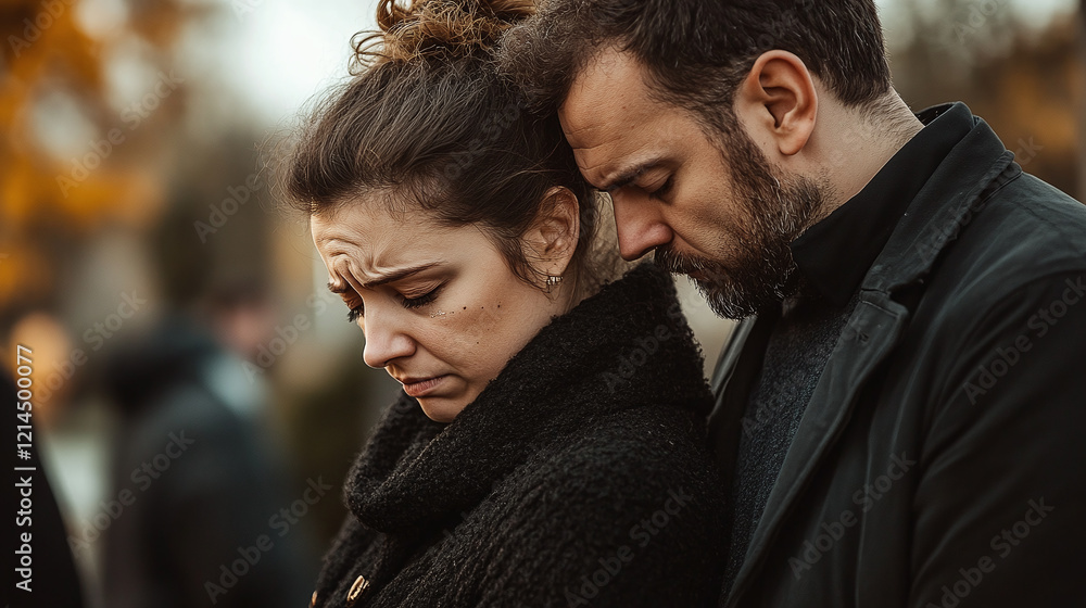Fototapeta premium A middle-aged couple standing close together, showing deep emotions, with sunlight highlighting their faces, evoking themes of love, grief, and support.