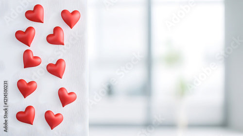 Romantic Valentine's Day background with multiple red heart decorations arranged on a white textured surface, creating a festive and loving atmosphere for holiday designs. Selective focus