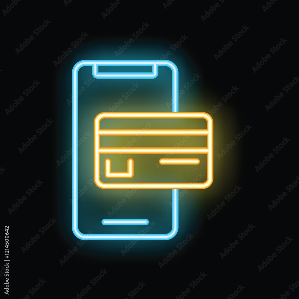 Neon sign is glowing in the dark, showing a smartphone and a credit card, representing mobile payment Neon sign is glowing in the dark, showing a smartphone and a credit card, representing mobile payment