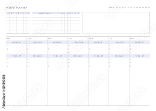 A weekly plan design template in a modern, simple, and minimalist style. Note, scheduler, diary, calendar, planner document template illustration.