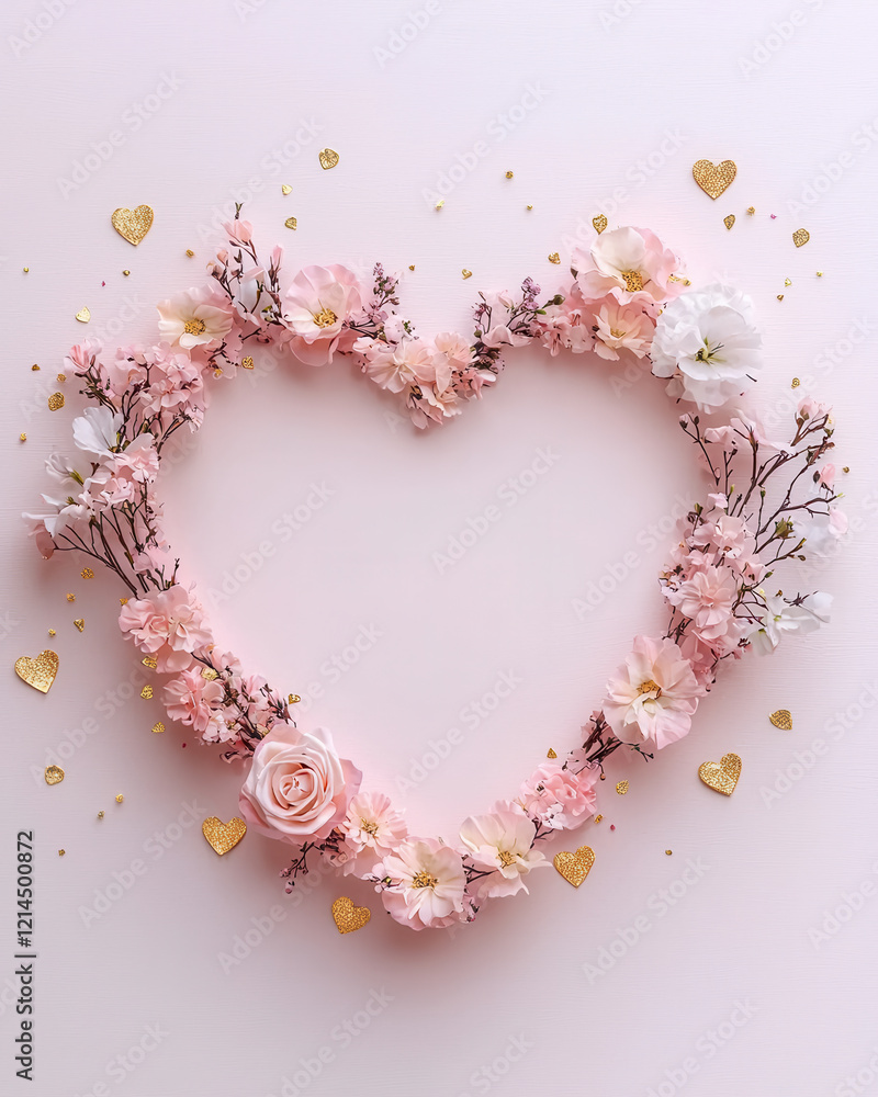 Heart shaped floral arrangement with pink and white flowers, surrounded by golden hearts Heart shaped floral arrangement with pink and white flowers, surrounded by golden hearts
