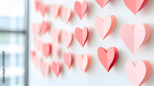 Elegant Valentine's Day decoration with layered pink and red paper hearts arranged on a white wall, creating a romantic and festive atmosphere perfect for love-themed branding. Selective focus