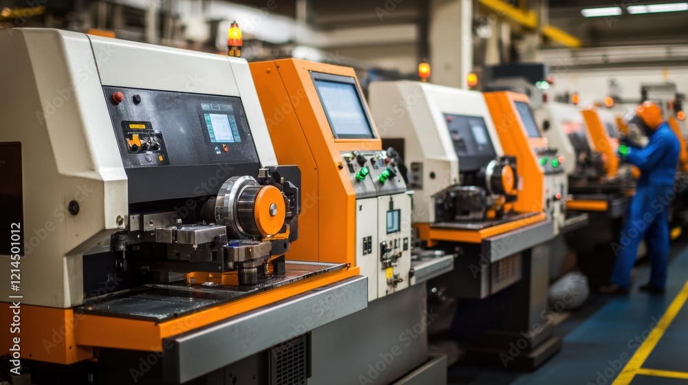 A row of CNC machines in a modern factory, with operators working diligently in protective gear. A row of CNC machines in a modern factory, with operators working diligently in protective gear.