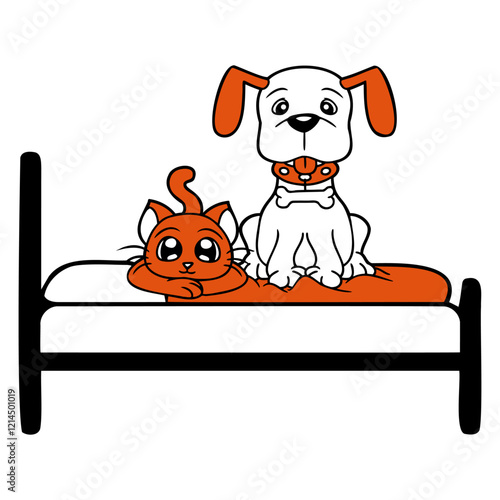 Dog Bed Cat Two Friends Team Kitten 2 Crew Puppy Design Lover Art Vector Illustration Card T-Shirt Poster Sticker Graphic Print Decorative Drawing Isolated Logo Decoration Symbol Creative Cool Style
