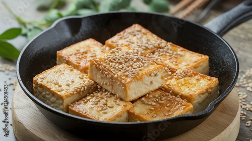 Deliciously golden-fried tofu cubes garnished with sesame seeds in a cast-iron skillet. A perfect representation of vegan cuisine, showcasing rich texture and flavor.