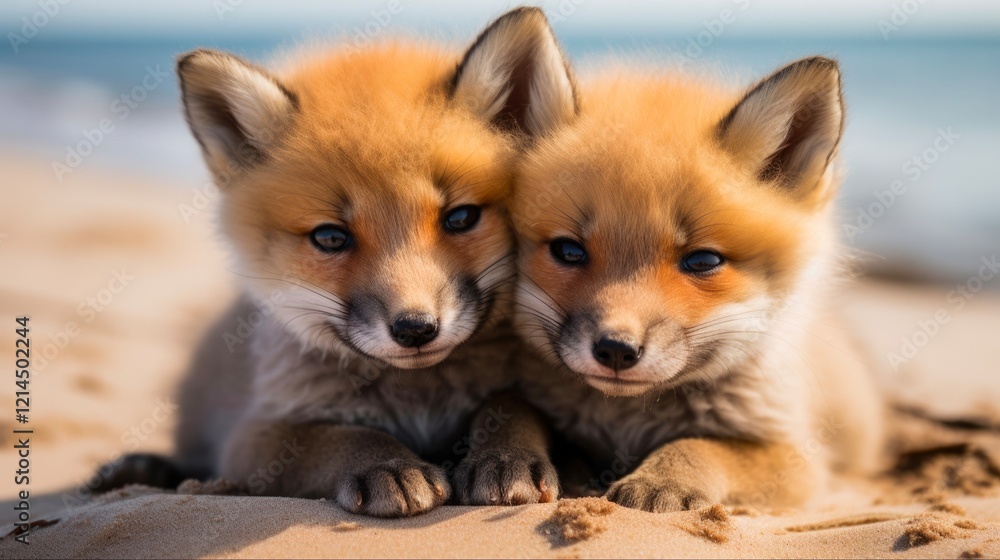 Obraz premium Cute Baby Red Foxes Cuddling at the Beach - Furry Family of Two Fox Friends Enjoying the Scenery in Nova Scotia, Canada