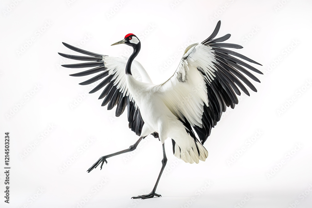 Obraz premium A graceful red-crowned crane spreading its wings in an elegant pose on a white background, showcasing its black, white, and red plumage in stunning detail. Bird. Wildlife Animals.
