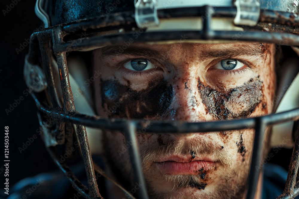 Close-Up Portrait of a Determined American Football Player Wearing Helmet, Generative AI art Close-Up Portrait of a Determined American Football Player Wearing Helmet, Generative AI art