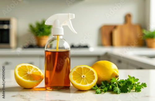 A spritzer bottle filled with liquid stands next to fresh lemon halves and cilantro on a kitchen counter in daylight photo