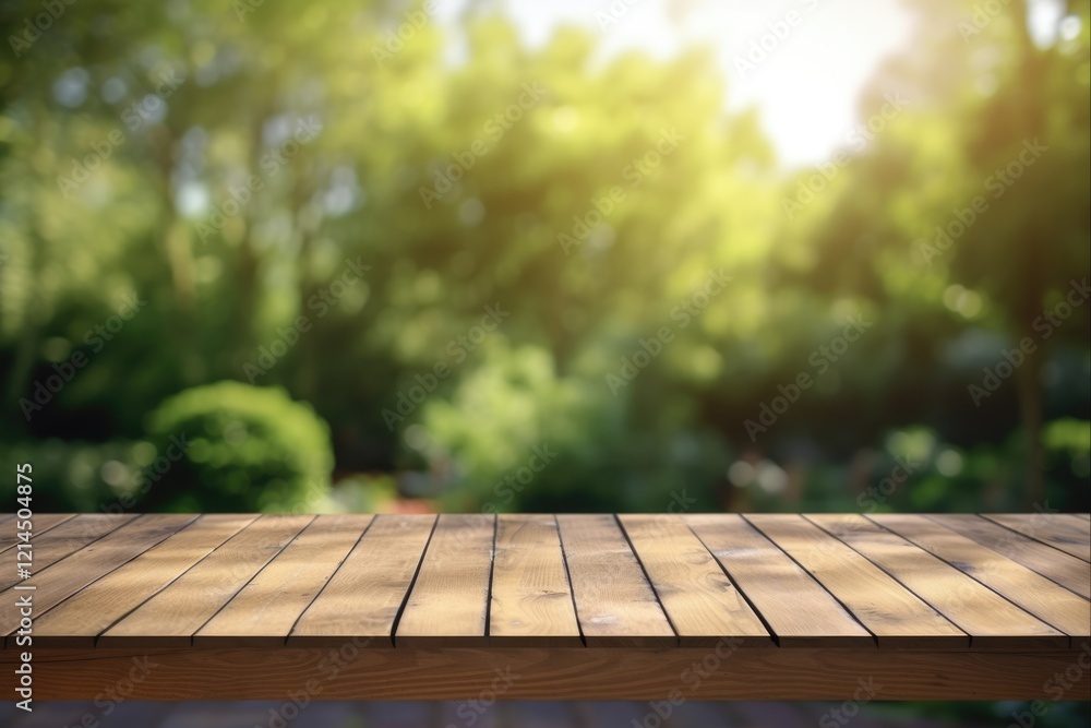 Enjoy Sunny Summer Days with Backyard View from Wooden Table: Green Garden and Fence Blur Background for Advertising Template Enjoy Sunny Summer Days with Backyard View from Wooden Table: Green Garden and Fence Blur Background for Advertising Template