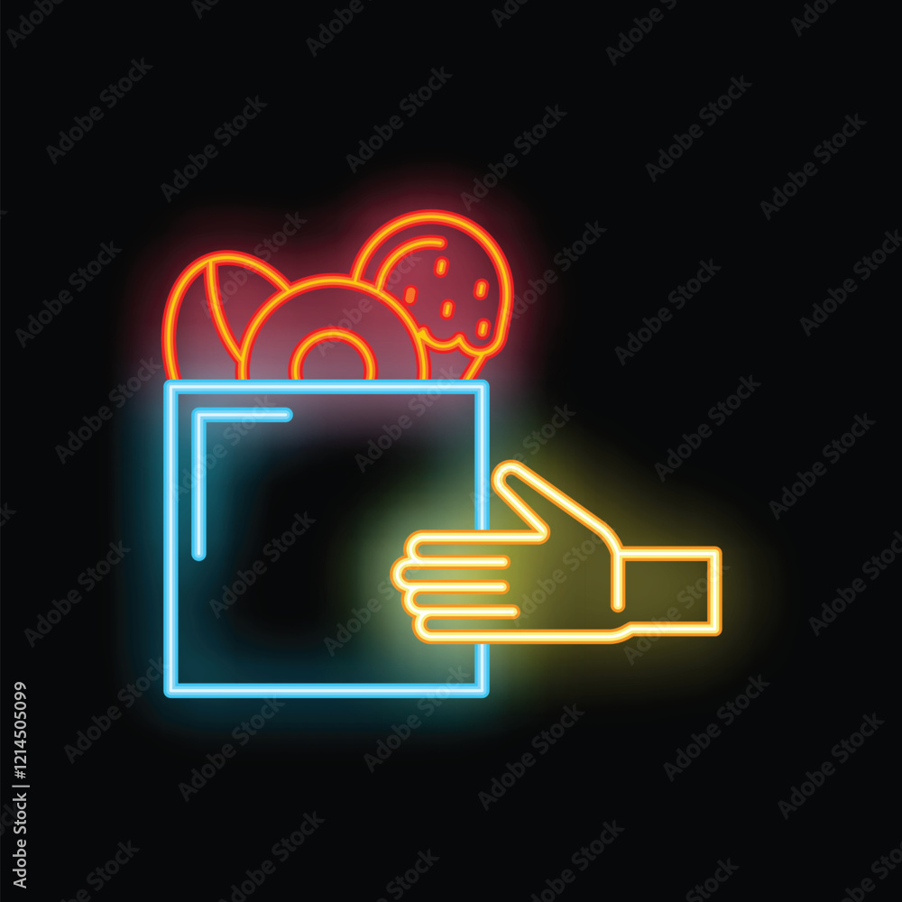 Neon style icon depicting a hand holding a shopping bag with donuts, representing food delivery Neon style icon depicting a hand holding a shopping bag with donuts, representing food delivery