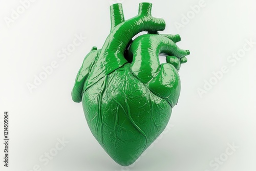 Green anatomical heart model. Detailed 3D render of a human heart, vividly colored green against a white background. photo