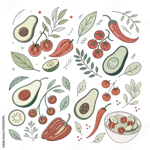 A set of abstract vegetables contemporary art print. This modern poster features hand-drawn avocado, cherry tomatoes, red hot pepper, salad, cucumber slices, and basil.