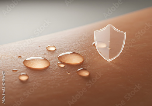 Close-up of healthy glowing skin with soft light effect symbolizing a strong intact skin barrier paired with minimalist elements like water droplets and shields. photo