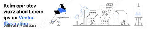 Woman using laptop, wind turbine, solar panels, residential area, trees, and an easel. Ideal for sustainability, technology, eco-friendly, community, remote work, renewable energy, modern living