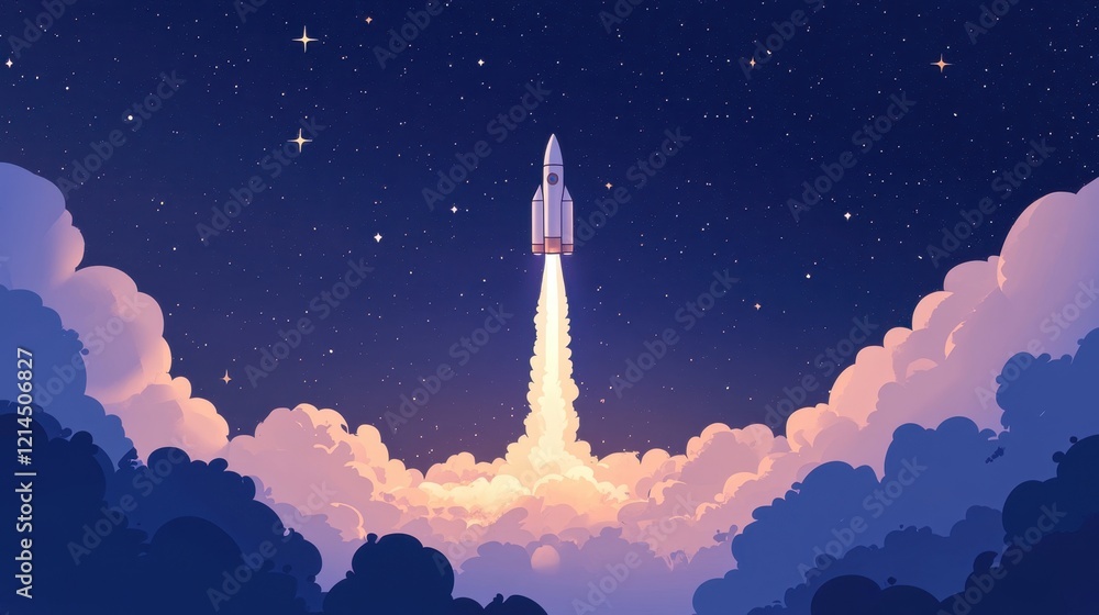 Fototapeta premium A soaring rocket against a starry sky, symbolizing innovation, ambition, and success.