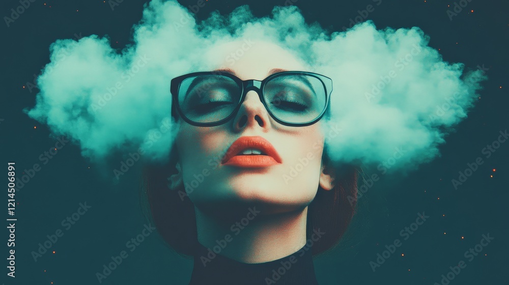 Dreamy Escape: A woman with closed eyes, sporting bold red lips and thick-framed glasses, finds herself enveloped by a swirling cloud, symbolizing the allure of escape and introspection.