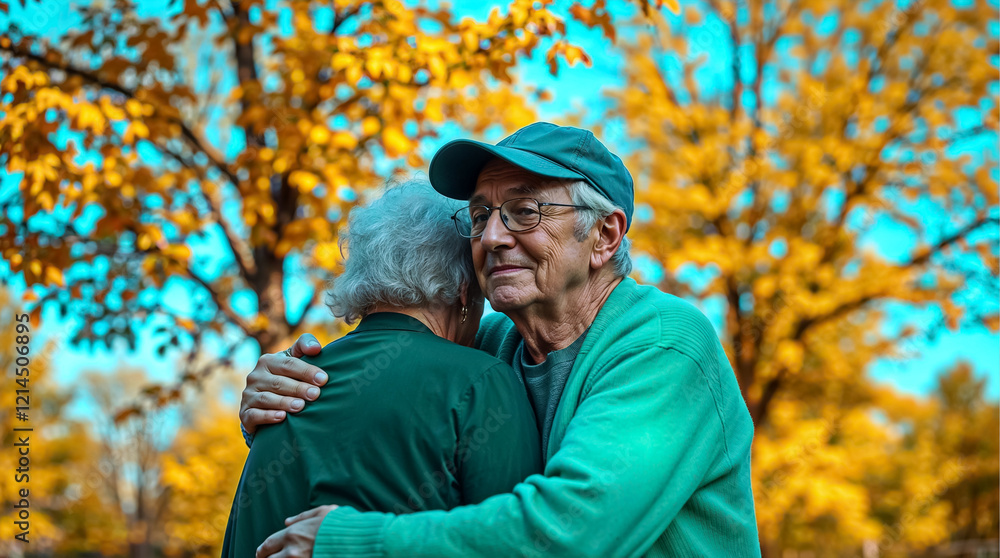 Obraz premium Dreamy Autumn Stroll Elderly Couple in Iridescent Park