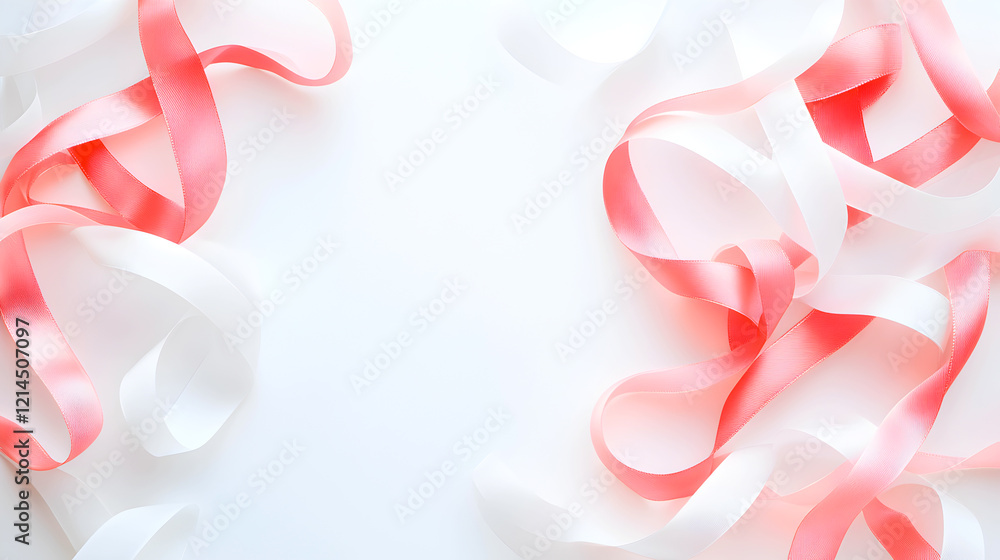 Soft and delicate ribbon composition with intertwined pink and white satin strands creating a stylish and minimalistic background, ideal for wedding invitations and luxury branding. Selective focus Soft and delicate ribbon composition with intertwined pink and white satin strands creating a stylish and minimalistic background, ideal for wedding invitations and luxury branding. Selective focus