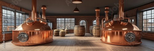 Copper brewery vats, wooden barrels, sunlight, brick walls. Industrial brewing