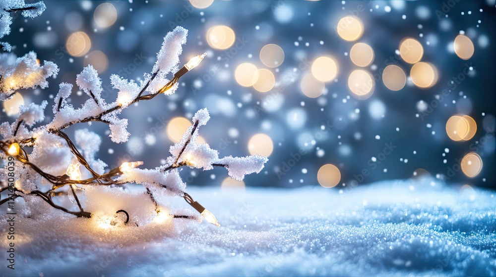 Snow Covered Branches With Twinkling Christmas Lights Snow Covered Branches With Twinkling Christmas Lights