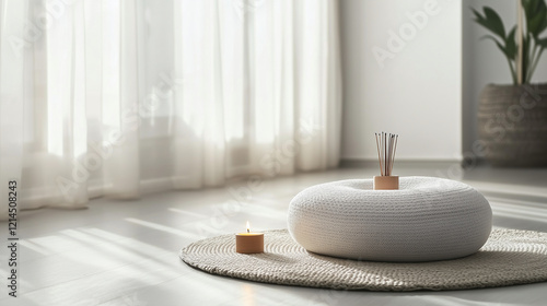 A meditation cushion with a small candle and incense, on a minimalist floor
