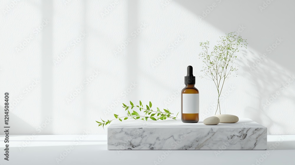 Minimalist skincare scene with a brown dropper bottle on marble beside greenery, capturing an essence of natural beauty and tranquility. Minimalist skincare scene with a brown dropper bottle on marble beside greenery, capturing an essence of natural beauty and tranquility.