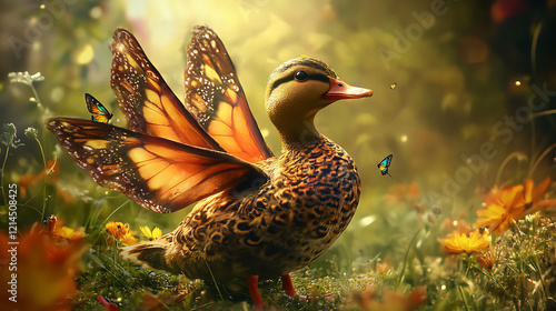 Duck with butterfly wings in a fantasy meadow photo