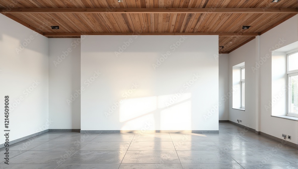 Obraz premium A serene, sparsely furnished room bathed in natural light through a right-side window. A vast white wall dominates, underlined by wooden beams and gray tiled floors. The simplicity exudes tranquility