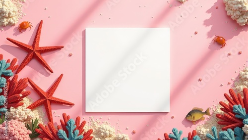 A serene, pink-themed scene features a striking white square poster at its heart, flanked by vibrant red starfish on each side, creating an eye-catching indoor tableau photo