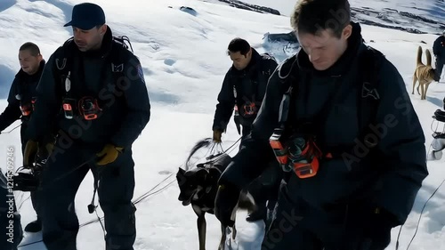 Emergency response team rescuing hikers from snowy avalanche zone with sniffer dogs and tracking tools