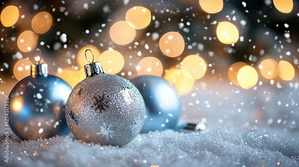 Silver and blue Christmas ornaments in snowy scene Silver and blue Christmas ornaments in snowy scene