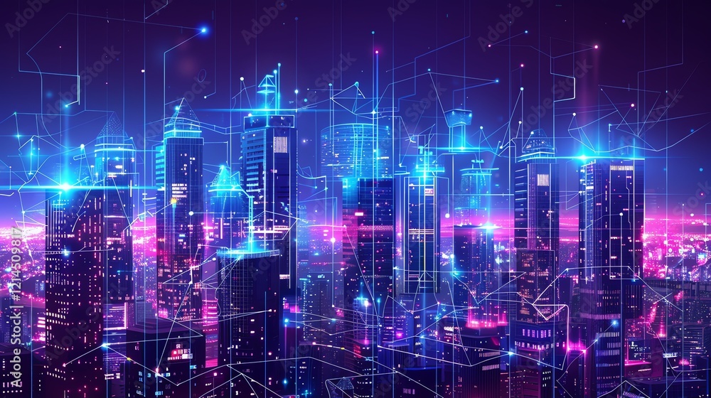 A digital rendering of a city skyline with neon lights and lines connecting the buildings. A digital rendering of a city skyline with neon lights and lines connecting the buildings.
