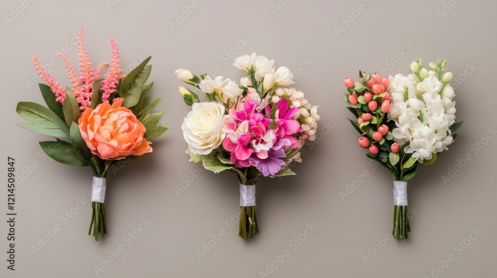 Fototapeta premium Floral accessories like ribbons bows and other embellishments added to hand tied bouquets for a creative artful and visually appealing touch The combination of fresh flowers greenery