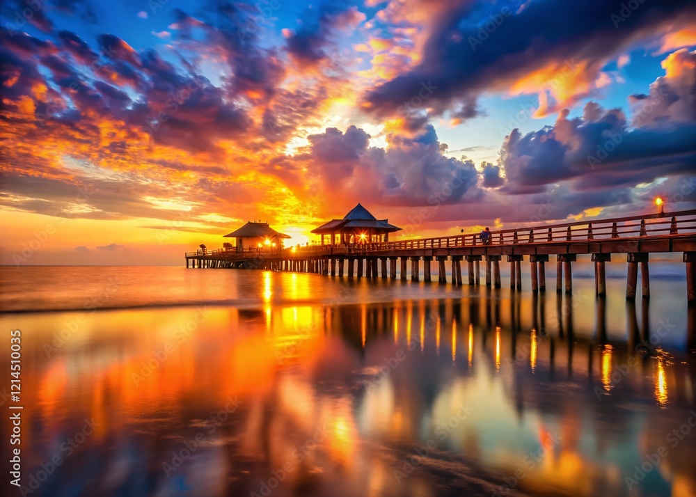 Fototapeta premium Naples Florida Sunset Pier Bokeh Photography - Romantic Golden Hour Seascape