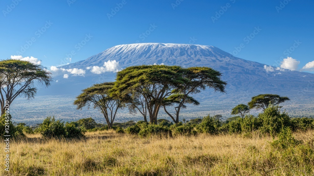 Naklejka premium A scenic shot of Mount Kilimanjaro with the Tanzanian high in the foreground, symbolizing the country’s independence