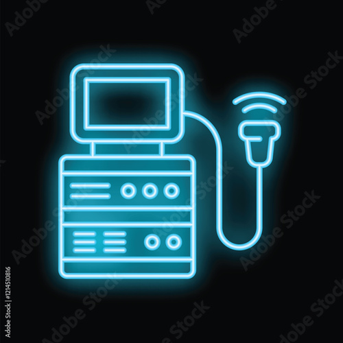 Neon glowing symbol of an ultrasound machine used for medical diagnosis and imaging