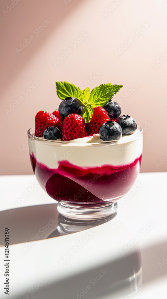 Minimalist layered dessert with cream, jam, mint leaves in glass and geometric background Minimalist layered dessert with cream, jam, mint leaves in glass and geometric background