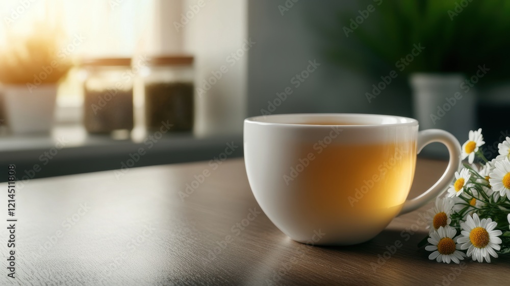 herbal tea relaxation, chamomile tea in a plain cup on a farmhouse table with fresh chamomile flowers and a jar of herbs, lit by sunshine
