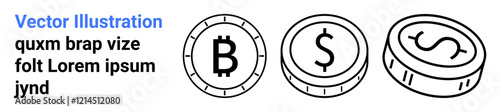 Three stylized coin icons featuring Bitcoin and Dollar signs along with placeholder text. Ideal for financial apps, cryptocurrency presentations, fintech websites, digital currency education