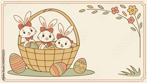 Three Cartoon Bunnies with Red Bows Nestled in Wicker Basket with Colorful Eggs