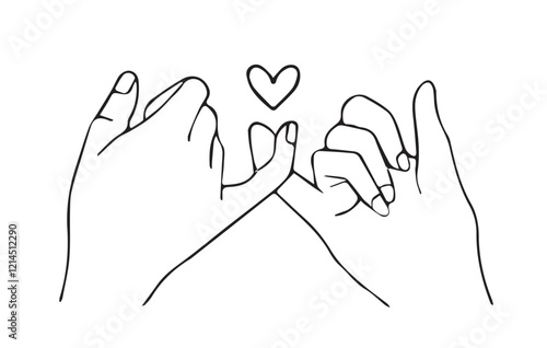 Lovers hands for valentine's day or best friend. Romantic card, Line of hearts. Two hands holding, heart symbol colorless black and white.