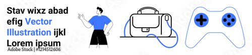 Male character waving, modern bag, and gaming controller in blue, black, and white. Ideal for tech blogs, gaming websites, e-commerce, digital marketing, educational platforms, social media content